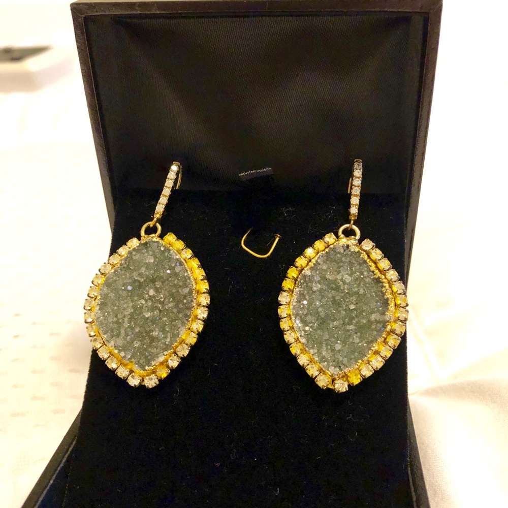Gold plated blue druzy and rhinestone earrings